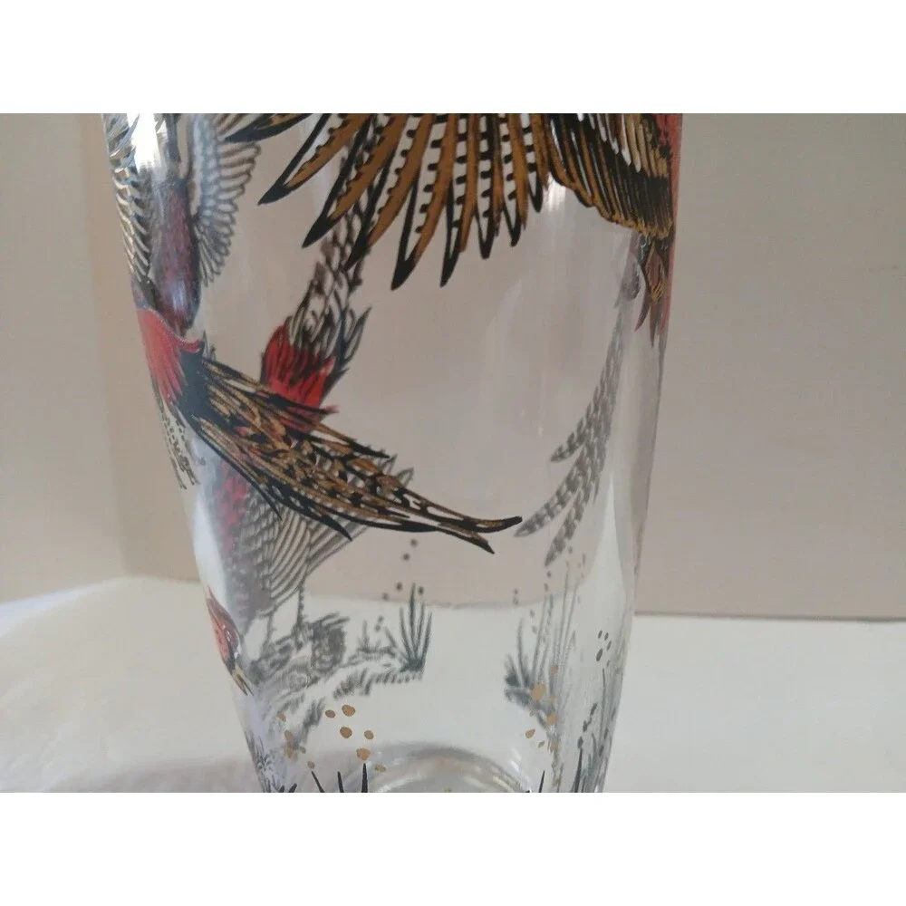Vintage PHEASANTS HUNTING CLEAR GLASS COCKTAIL SHAKER 1960s Chrome Lid